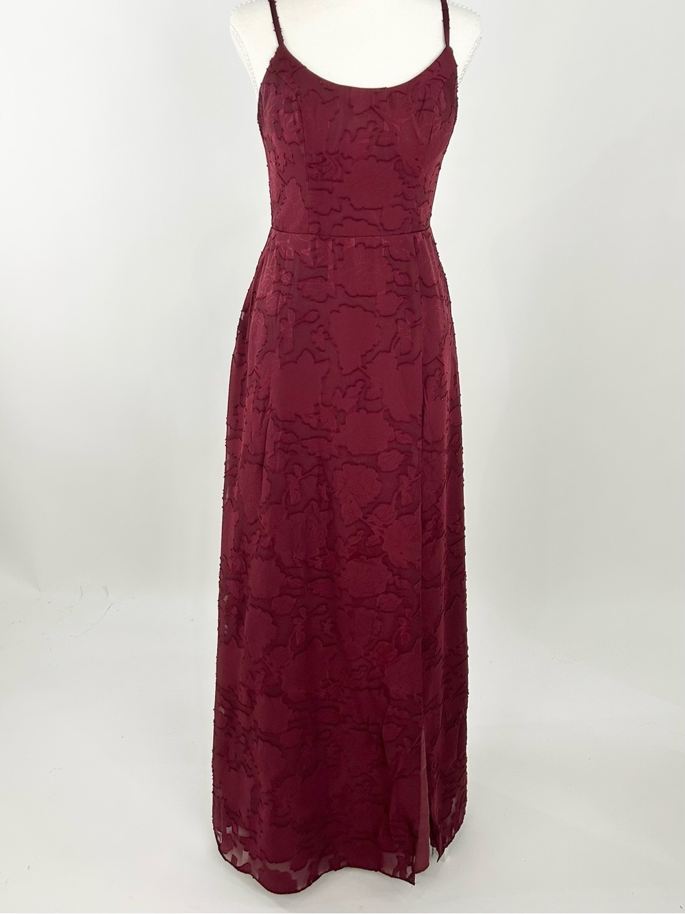 Azazie Atelier Burgundy Floral Burnout Maxi Formal Gown Dress US 4